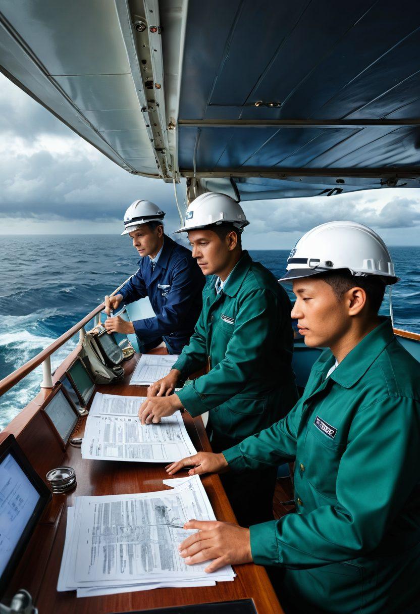 A dynamic scene of diverse seafarers aboard a ship, each representing different backgrounds and professions, engaged in activities like navigation and maintenance. In the background, a vast ocean contrasts with stormy weather, symbolizing marine risks. Incorporate visual elements of tailored insurance documents floating in the air, suggesting coverage options. The color palette should include deep blues and greens of the ocean, with warm tones for the seafarers. 3D. vibrant colors.