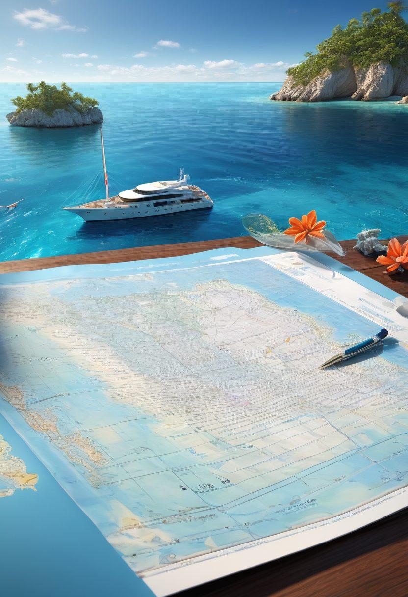 A serene nautical scene featuring a luxurious yacht gliding over crystal-clear blue waters, surrounded by vibrant marine life. In the foreground, a detailed and artistic representation of a nautical map and insurance documents, symbolizing knowledge and coverage. The sky is bright and sunny, evoking a sense of adventure and exploration. super-realistic. vibrant colors. 3D.