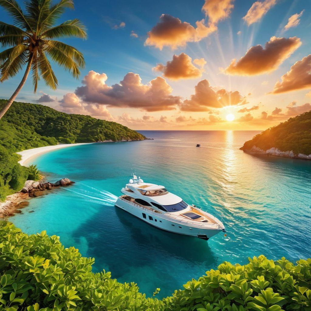 A serene landscape featuring a luxury yacht sailing calmly on crystal-clear blue waters, surrounded by lush green islands. The sun is setting in the background, casting a warm golden hue on the scene. Include a tranquil sky with soft, fluffy clouds, symbolizing peace and relaxation. In the foreground, subtly integrate icons of insurance documents and a life preserver to represent yacht liability and recreational boat insurance. vibrant colors. super-realistic.